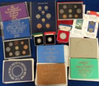 Coins, a selection of cased proof coins to include 1983 and 1993 Piedfort silver £1 coins, 1977