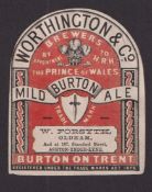 Beer label, Worthington & Co, Burton on Trent, Mild Burton Ale, bottled by W Forsyth Oldham, Beehive