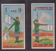 Trade cards, Clarnico, Wolf Cub Signalling, two cards 'I and 9' & 'J Alphabetical sign' (gd/vg) (2)