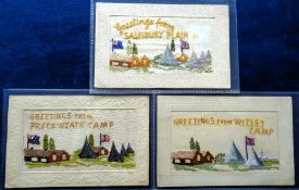 Postcards, Silks, 3 embroidered silk cards of UK Army Camps inc. Whitley Camp (Surrey), this was a