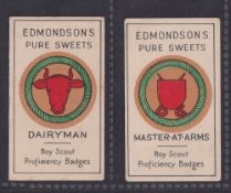 Trade cards, Edmondson, Boy Scout Proficiency Badges, two cards, Dairyman & Master-At-Arms (gd) (2)