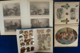 Scraps, 5 scrap albums containing scraps, engravings and greetings cards. Cats, dogs, rabbits,