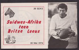 Rugby programme, South West Districts v The British Lions 18 May 1974 scarce South African Tour
