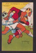 Rugby postcard, Olympics Paris 1924, artist-drawn postcard showing Rugby players in action,