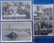 Photographs, 3 postcard sized photos of the raft 'L'Egare' arriving at Custom House Quay Falmouth