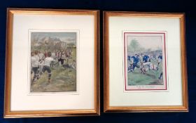 Football engravings, two original Victorian artist drawn hand coloured engravings all with