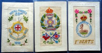 Postcards, Silks, 3 embroidered silk cards of military regimental badges, inc. 8th Battalion Royal