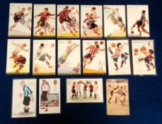 Football postcards, Spain, a mixed selection of 16 artist drawn football cards, all with postcard