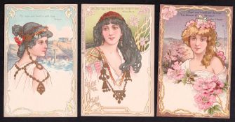 Postcards, Glamour, 3 Raphael Tuck & Sons 'Art' cards 'Chromographed in Prussia' Nos: 3568, 3569 and