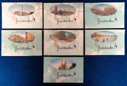 Postcards, Airships, 7 handmade cards, showing London landmarks turned into airships with a hand