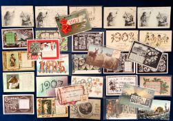 Postcards, Calendars, 70+ cards from 1901 to 1934, glamour, children, RP, comic etc. (gd)