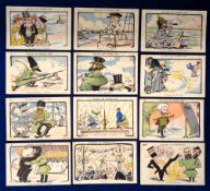Postcards, Franco-Russian War, a set of 12 comic cards depicting the visit of M Loubet to Russia