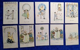 Postcards, Greetings / Art Deco, 17 cards all signed by C E Shand, 11 cards unused, 6 cards postally