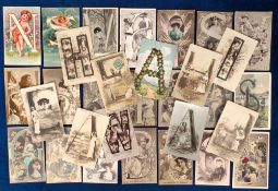 Postcards, Alphabet cards, approx. 60, and 2 number cards, flowers, cherubs and pretty ladies (gen