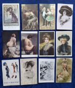Postcards, Glamour, 130+ early 20thC photographic and artist drawn cards featuring ladies in