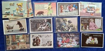Postcards, Teddy Bears, 40+ cards RPs, printed and artist drawn showing bears with children, bears