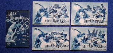 Postcards, Sport, Olympics, 5 advertising cards for the Paris 1924 Olympics, monochrome blue