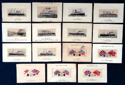 Postcards, Shipping silks, 15 early 19thC cards to include 6 Hands Across The Sea and 9 featuring