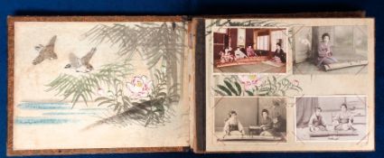 Postcards, Japan, a lacquer album decorated with mother of pearl birds and with hand painted card