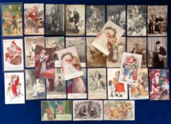 Postcards, Greetings, 30 Father Christmas cards. Includes Santa Claus in cars, feeding German