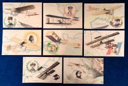 Postcards, Early Flight, 8 French cards featuring famous fliers and their machines to comprise