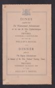 Rugby Union, a 4 page dinner menu from the South Africa v New Zealand Tour dated 3 Aug 1949 and held