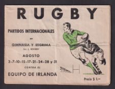 Rugby Union programme, Capital (Argentina) v Ireland, 12 Aug 1952, scarce large format fold-out