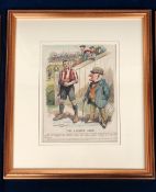 Football engraving, Victorian hand coloured engraving, 'The Greater Game' showing Mr Punch with anti