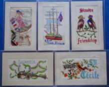 Postcards, Silks, a selection of 5 better design embroidered silk cards. Includes 2 birds dressed as