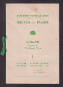 Rugby Union Menu Card, Ireland v France Dinner Menu card 29 Jan 1949 following the match that denied