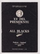 Rugby Union programme, Italian Presidents' XV v New Zealand All Blacks 22 Oct 1977 (some sl creasing