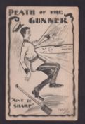 Football postcard, Sheffield Utd v Arsenal, b/w artist-drawn comic card 'Death of a Gunner' by Monty