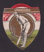 Trade card, Baines, Cricket, 'ready Liversedge', shield shaped card (gd) (1)