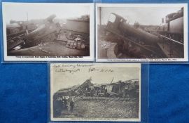 Postcards, Rail Disasters, 3 RPs of UK rail disasters, inc. 2 cards showing wrecked loco engine from