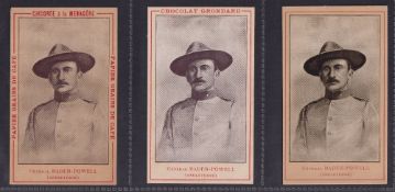 Trade cards, France, Scouting, General Baden-Powell, three 'L' size Continental trade cards issued
