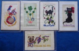 Postcards, Silks, an animal related selection of 5 embroidered silks, inc. 1 full length vertical