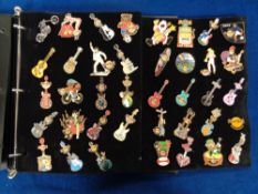 Hard Rock Café Pin Badges, approx. 170 badges to include guitars, Fire, Police, Glamour, Punta