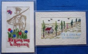 Postcards, Silks, a pair of embroidered silk cards with the Irish marching song caption 'It's a long