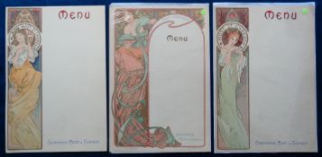 Ephemera, 3 Champagne Moet & Chandon menus designed by Alphonse Mucha (approx. size 6 x 8.75