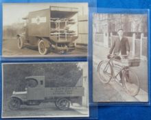 Postcards, Social History, 3 RPs of delivery vehicles and ambulance. With delivery bicycle for W