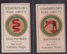 Trade cards, Edmondson, Boy Scout Proficiency Badges, 2 cards, 'Healthyman' & 'Swimmer' (some sl