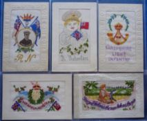 Postcards, Silks, a collection of 5 embroidered silk cards representing the armed services inc.
