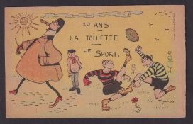 Rugby Union postcard, early 20th Century French themed comic postcard (unused, gd)