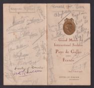 Rugby Union autographed menu card, France v Wales 8 Apr 1926, small format menu card with multiple