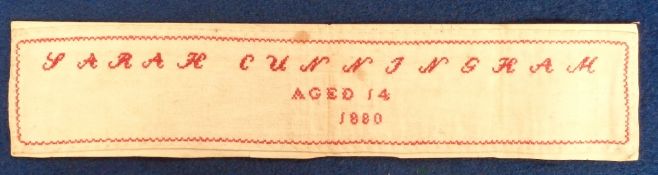 Collectables, Cross Stitch Sampler Bookmark, 'Sarah Cunningham Aged 14 1880' red stitching on