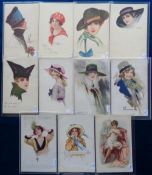 Postcards, Glamour, an Art Deco glamour mix of 11 cards, mostly promoting the glamour of hats.
