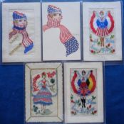 Postcards, Silks, a glamour selection of 5 cards, with 1 early Deco image of lady wearing a scarf in