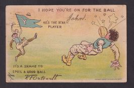American Football postcard, postally used card 1908 showing comic Football image to front (name to