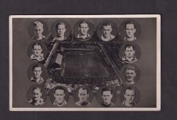 Football, a b/w photographic card showing view of Gillingham Football Ground with circular player