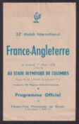 Rugby Union programme, France v England 1 Mar 1958, 4 page programme from the game played at Stad